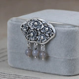 S990 Silver Peony Flower Gray Agate Pendant for Women