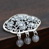 S990 Silver Peony Flower Gray Agate Pendant for Women