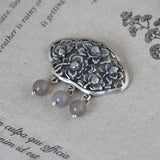 S990 Silver Peony Flower Gray Agate Pendant for Women