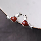 Bird Earrings 925 Silver Red Agate Stud Women Jewelry