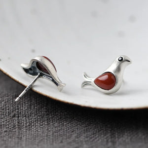 Bird Earrings 925 Silver Red Agate Stud Women Jewelry