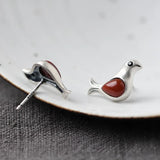 Bird Earrings 925 Silver Red Agate Stud Women Jewelry