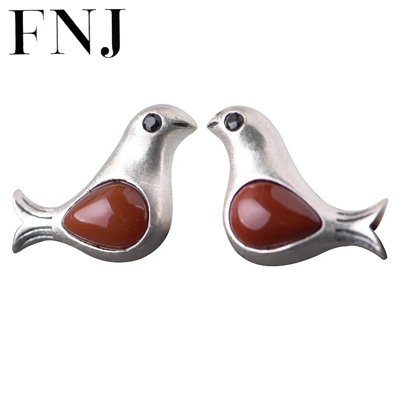 Bird Earrings 925 Silver Red Agate Stud Women Jewelry