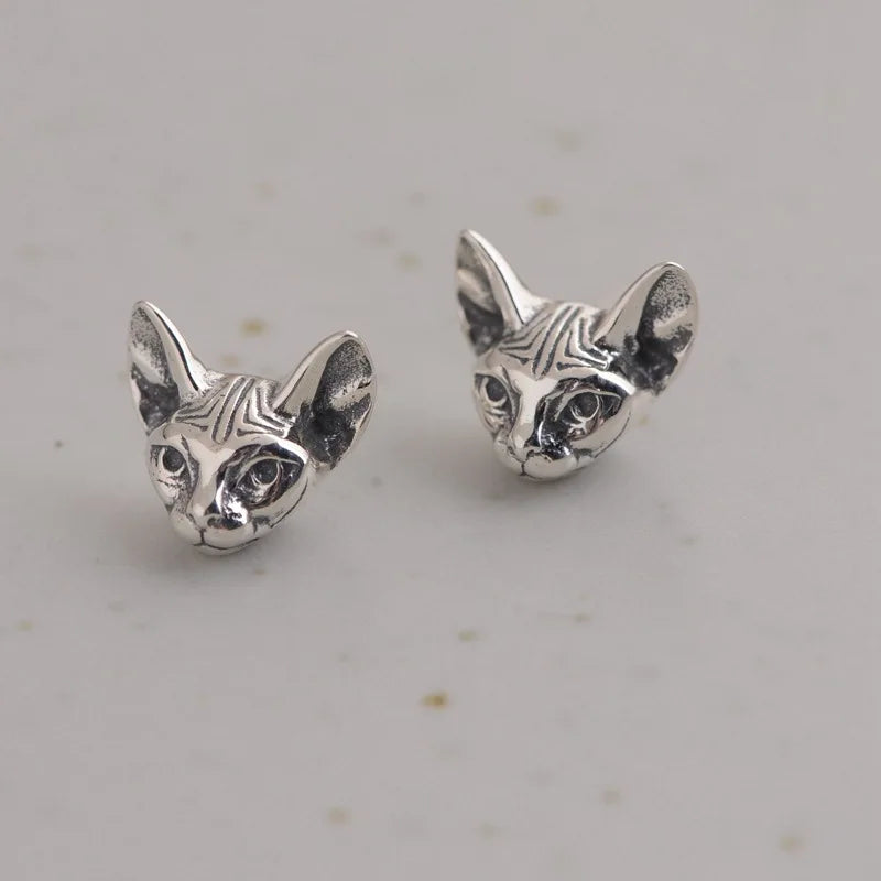 Cat Stud Earrings 925 Silver Fine Women Jewelry