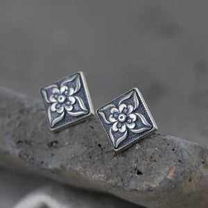 Cross Flower Square Earrings 925 Silver Stud Earring