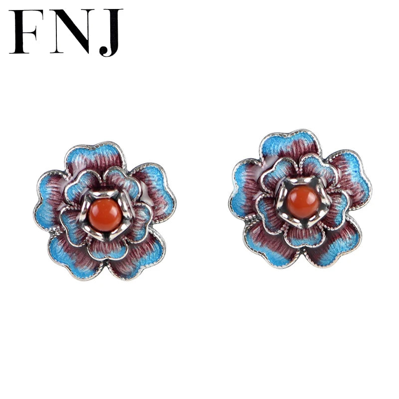 Enamel Flower Earrings 925 Silver Stud