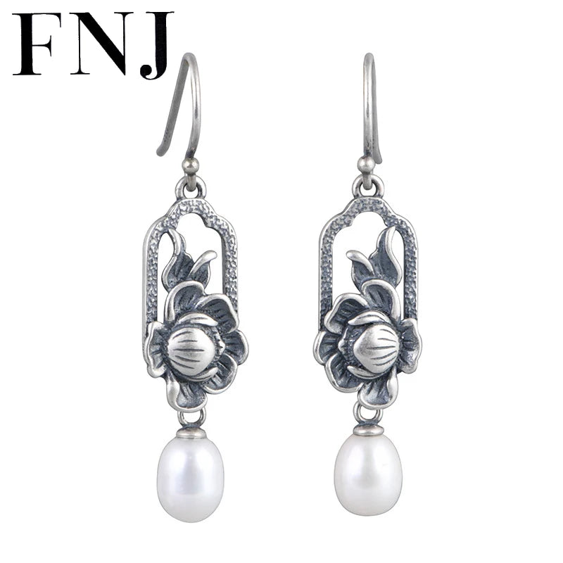 Freshwater Pearl Flower Drop Earrings 925 Silver S925 Sterling Silver Earring