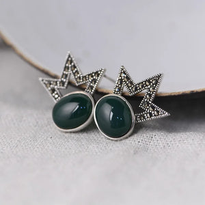 Green Agate Star Crown Earrings 925 Silver S925 Sterling Silver Stud Earring