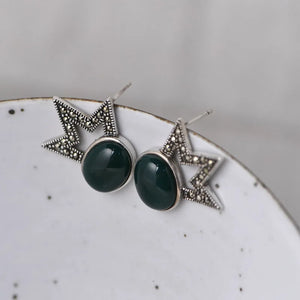Green Agate Star Crown Earrings 925 Silver S925 Sterling Silver Stud Earring