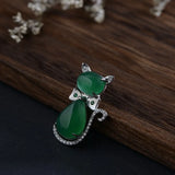 Green Chalcedony Cat Pendant 925 Silver