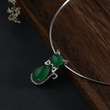 Green Chalcedony Cat Pendant 925 Silver