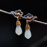 Jade Flower Earrings 925 Silver Cloisonne