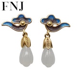 Jade Flower Earrings 925 Silver Cloisonne