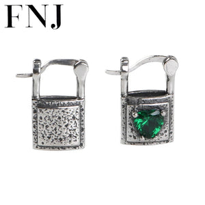 Green Zircon Lock Hoop Earrings 925 Silver S925 Sterling Silver Earring