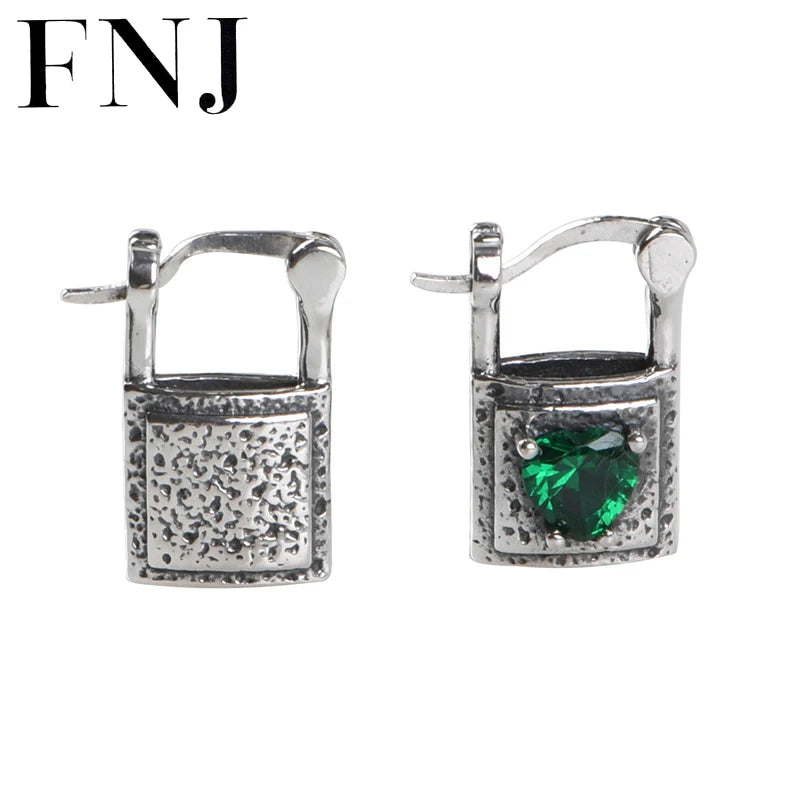 Green Zircon Lock Hoop Earrings 925 Silver S925 Sterling Silver Earring