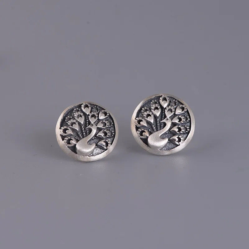 Peacock Round Earrings 925 Silver Stud Earrings Women Jewelry