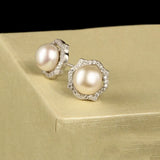 925 Silver Pearl Earrings Zircon Studs Women Jewelry
