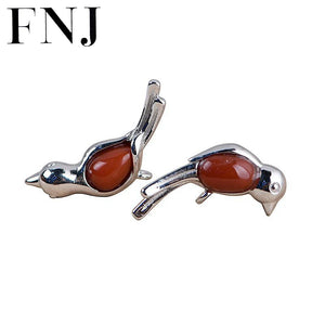 Red Agate Bird Earrings 925 Silver Vintage S925 Sterling Silver