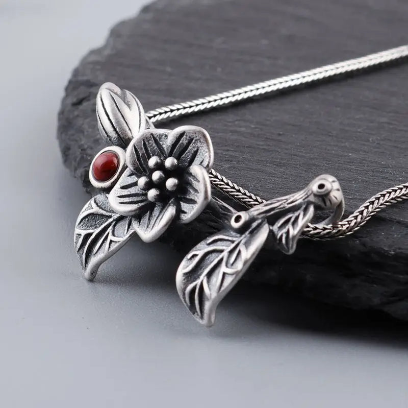 Romantic Flower Pendant 925 Silver Red Agate