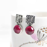 Round Drop Earrings 925 Silver Rose Corundum Cross