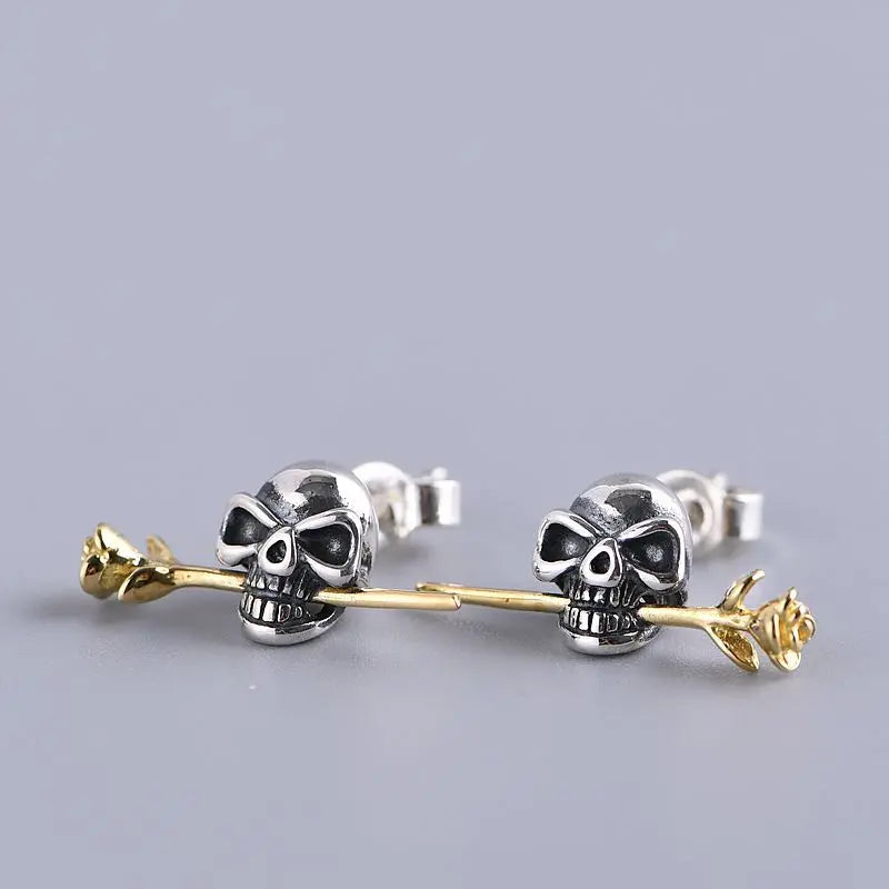 Skull Rose Flower Earrings 925 Silver Stud Earring