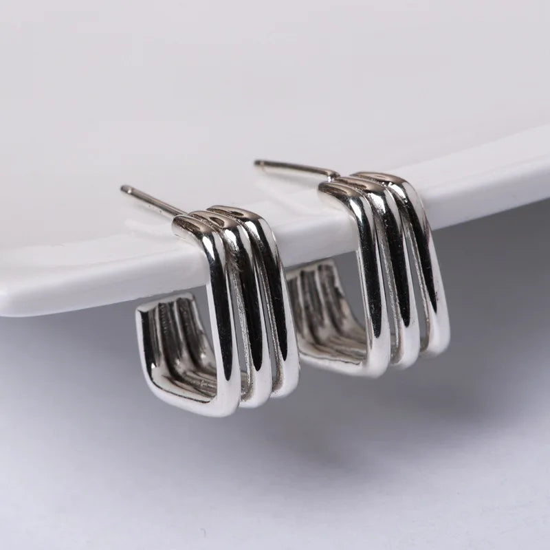 Square Stud Earrings 925 Silver Fine Pure S925 Sterling Silver Earring Women