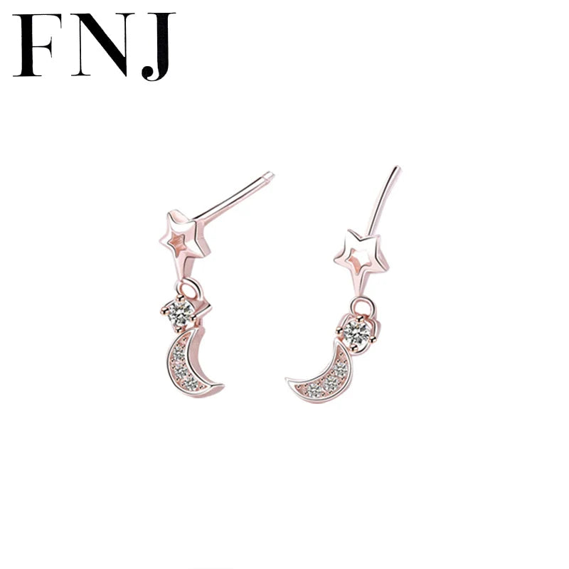 Star Moon Earrings 925 Silver Zircon Studs