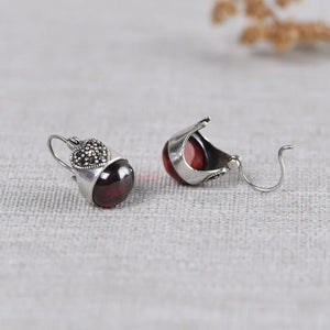 Vintage Earrings 925 Silver Red Cubic Zircon MARCASITE Heart