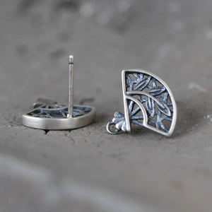 Vintage 925 Silver Fan Earrings Hollow Stud Women Jewelry
