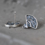 Vintage 925 Silver Fan Earrings Hollow Stud Women Jewelry