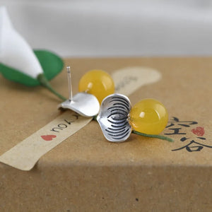 Yellow Chalcedony Stud Earrings 925 Silver Women Jewelry