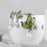 Enamel Butterfly Earrings 925 Silver Stud Earring Women Jewelry Freshwater Pearl