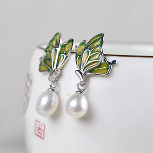 Enamel Butterfly Earrings 925 Silver Stud Earring Women Jewelry Freshwater Pearl