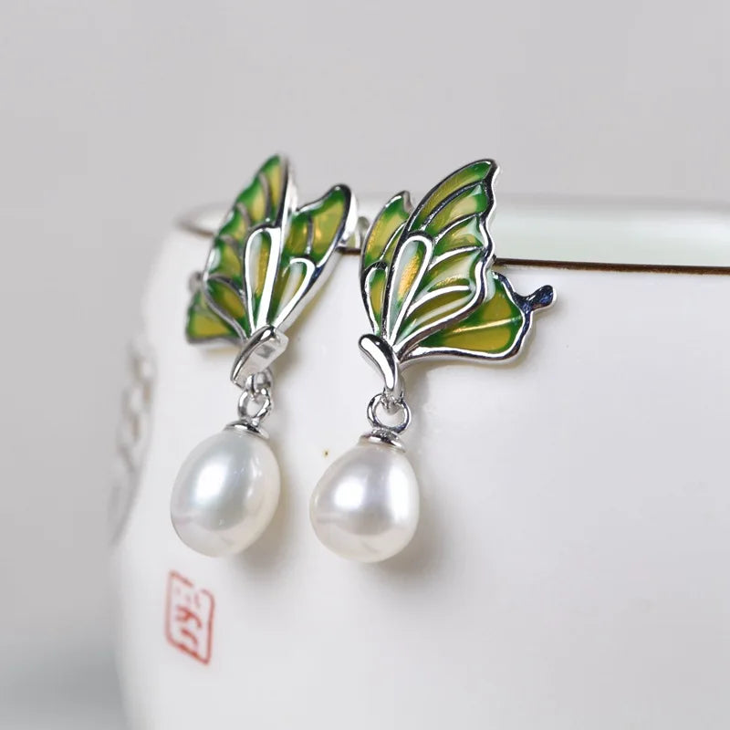 Enamel Butterfly Earrings 925 Silver Stud Earring Women Jewelry Freshwater Pearl