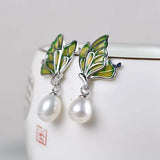 Enamel Butterfly Earrings 925 Silver Stud Earring Women Jewelry Freshwater Pearl