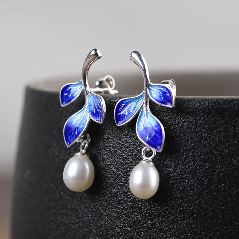 Enameling Leaf Earrings 925 Silver Sterling Silver Stud Earring