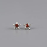 925 Silver Star Earrings Red Agate Ruby Studs Jewelry
