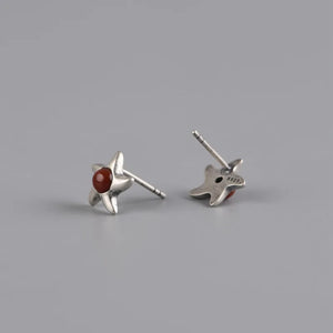 925 Silver Star Earrings Red Agate Ruby Studs Jewelry