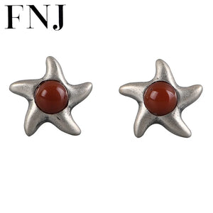 925 Silver Star Earrings Red Agate Ruby Studs Jewelry