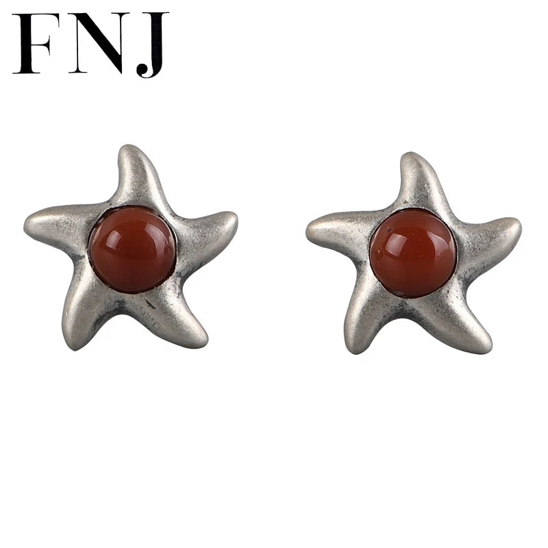 925 Silver Star Earrings Red Agate Ruby Studs Jewelry