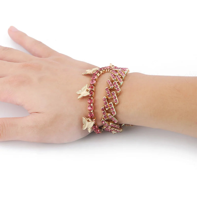 Rhinestone Butterfly Cuban Bracelet Set Crystal Jewelry