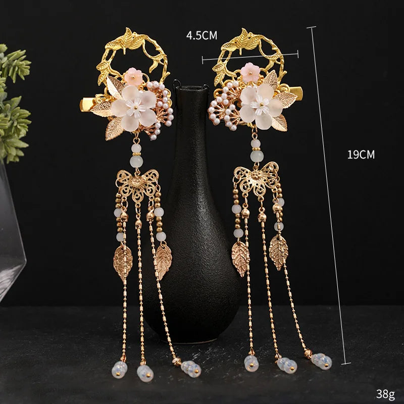 Flower Leaf Pearls Tassel Pendant Hairpins for Women Wedding