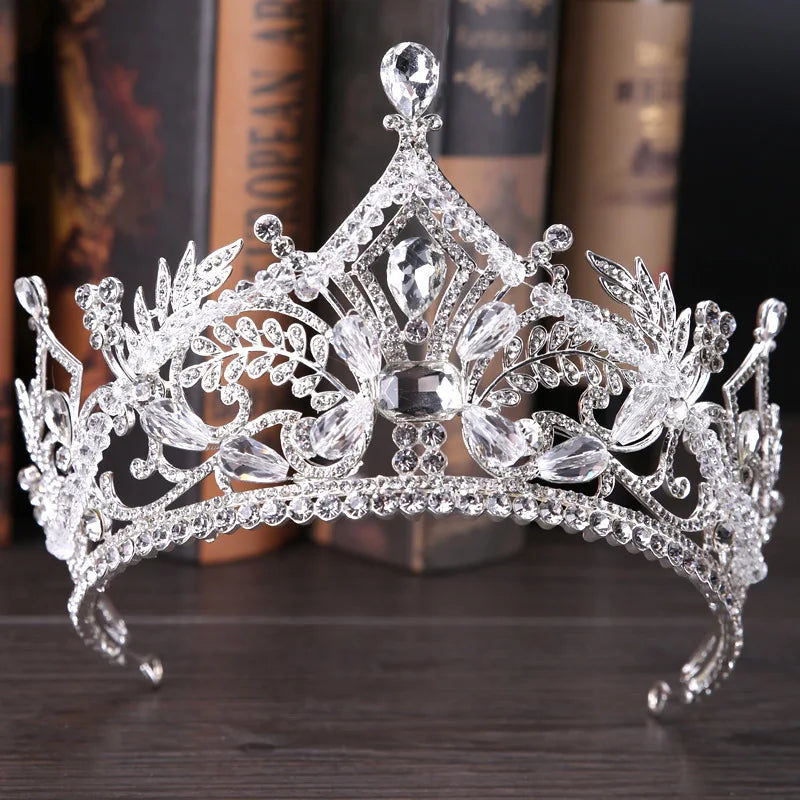 Baroque Style Silver Crystal Leaf Tiara Crown Bride Wedding Party Hair Jewelry
