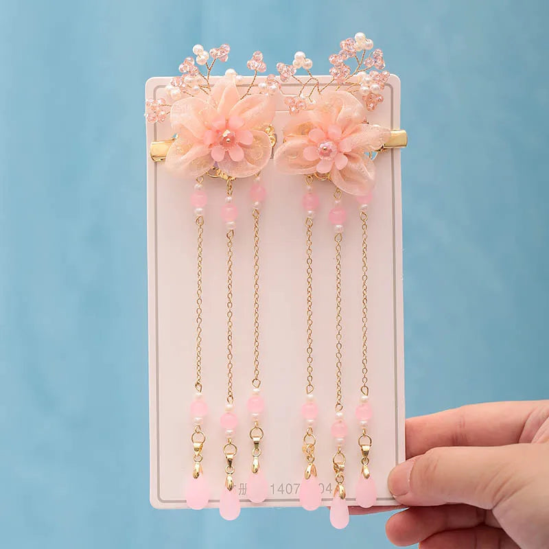 Pink Flower Tassel Pearls Hairpin Clips for Bridal Wedding Party