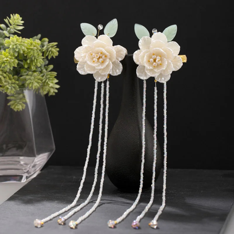 Chinese Flower Leaf Pearls Tassel Hairpin Clips Headpieces