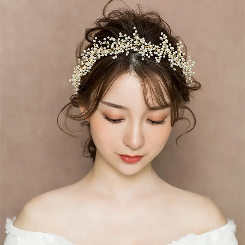 Gold/Silver Pearl Headband Tiara Wedding Hair Jewelry