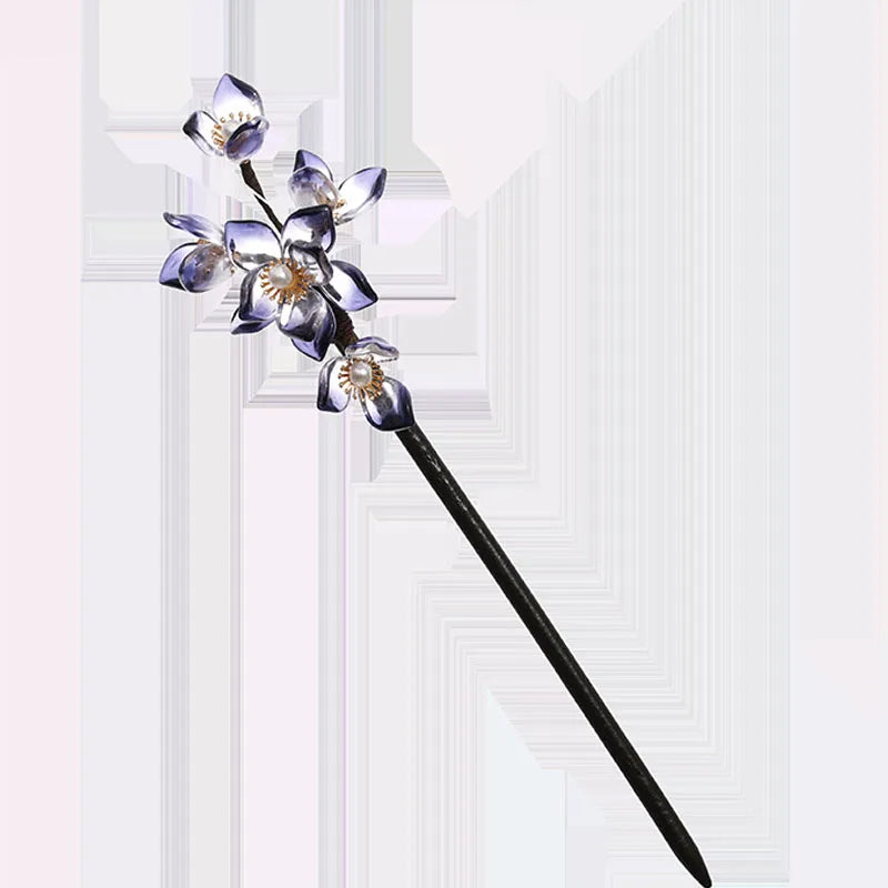 Chinese Hanfu Flower Pearls Hairpin Clips Wooden Hair