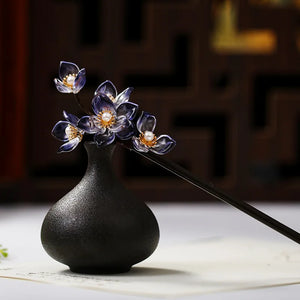 Chinese Hanfu Flower Pearls Hairpin Clips Wooden Hair