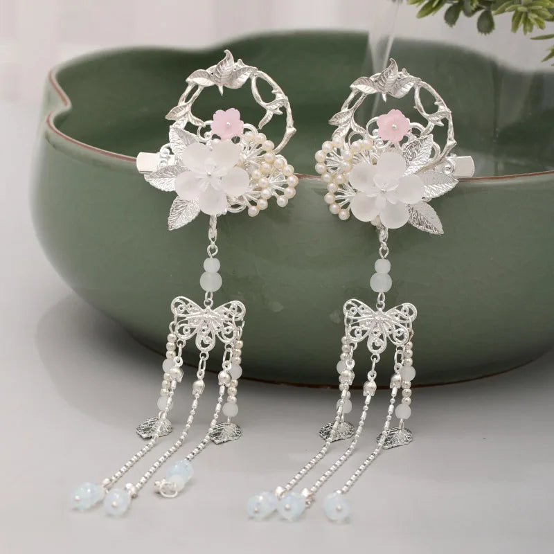 Silver Retro Flower Leaf Pearls Tassel Pendant Chinese Hairpins Clips