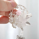 Silver Retro Flower Leaf Pearls Tassel Pendant Chinese Hairpins Clips